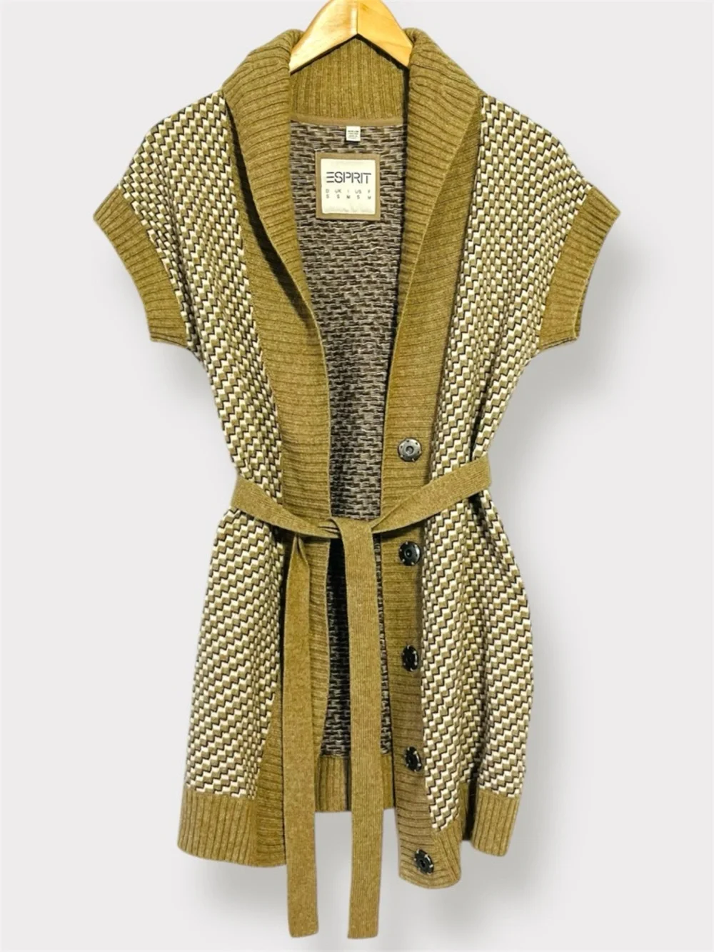 Esprit Y2K Short Sleeve Belted Cardigan Geometric Taupe Cream Black Size S - Picture 2 of 13